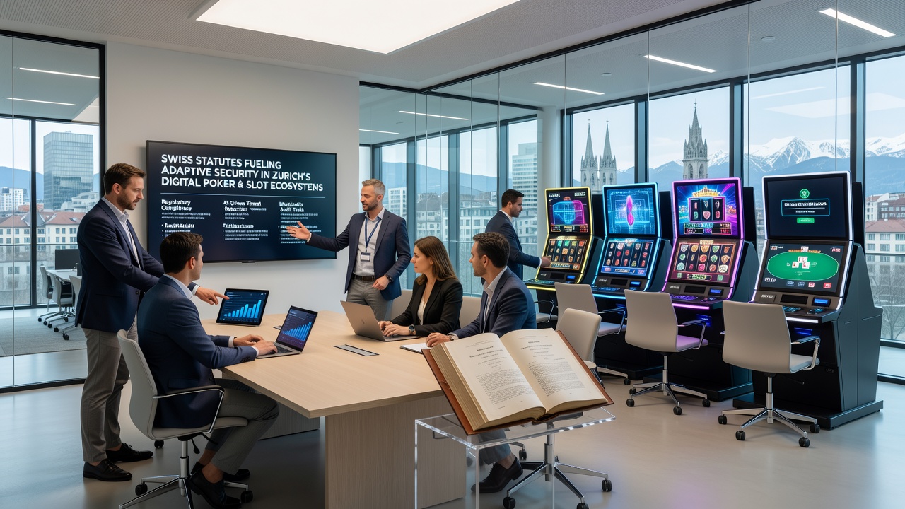 Secure slot game dashboard in Zurich with highlighted adaptive security indicators and compliance badges